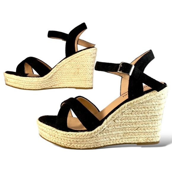 Vicki-Vicki Wedge Heel Sandals Womens 8 Black Suede Jute Ankle Strappy Platform - Picture 5 of 8